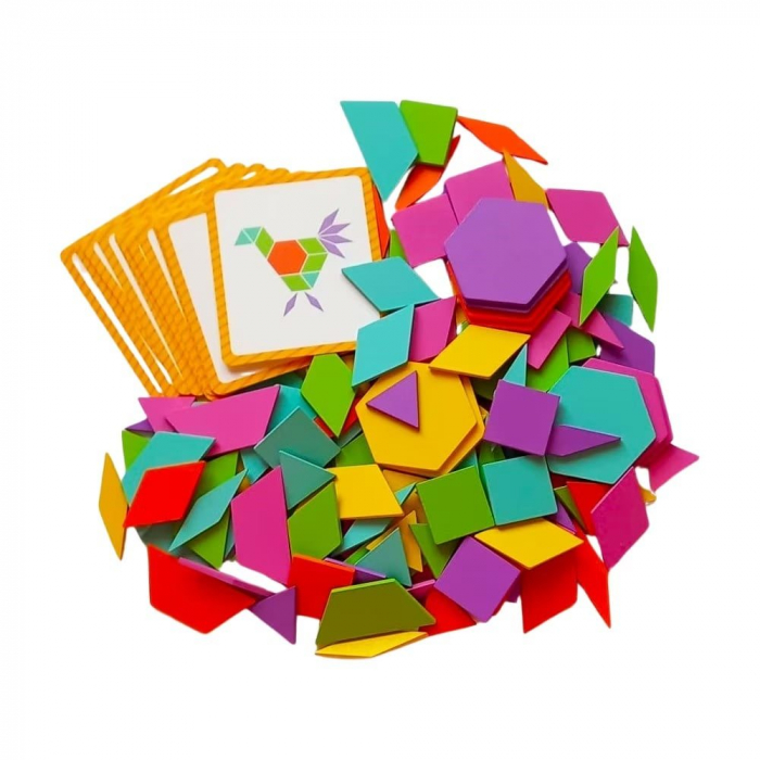 Puzzle din lemn Tangram cu forme geometrice si sabloane, 160 piese, 3 ani+ [2]