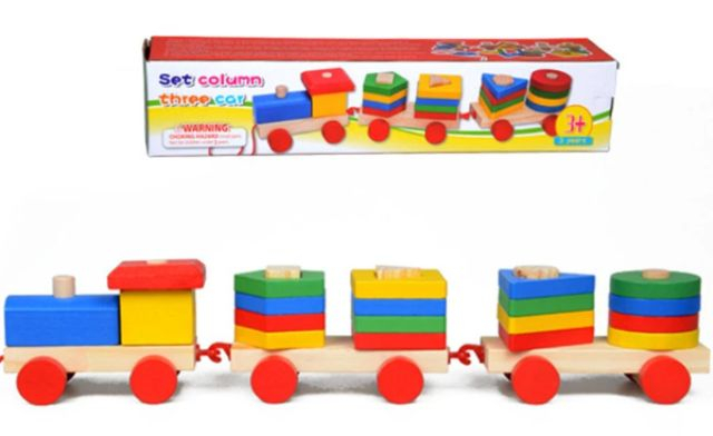 Trenulet de jucarie, locomotiva cu 2 vagoane, lemn, multicolor [4]