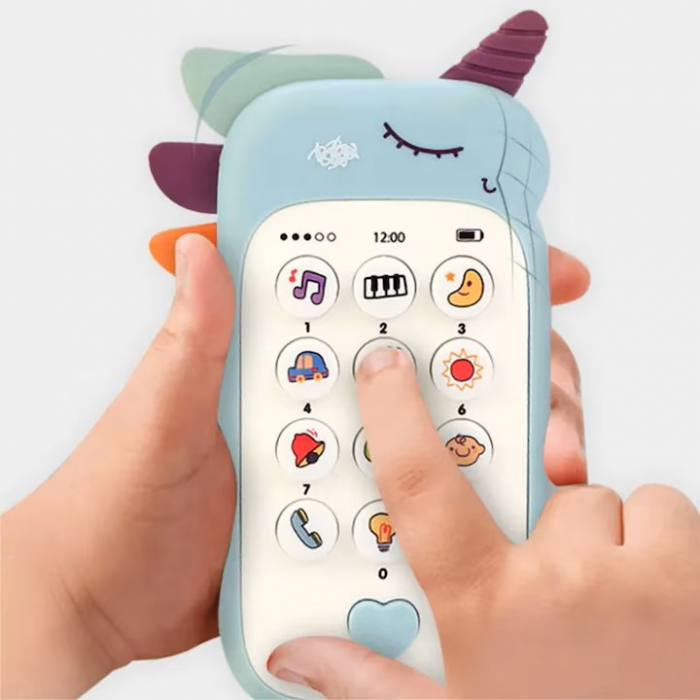 Jucarie Interactiva Bebelusi, Telefon Unicorn, Multiple Functii, Melodii si Sunete, Dentitie, Albastru, 1 An+ [3]