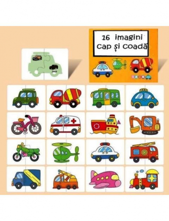 JUCĂRII - Cartonase de asociere din doua piese, 16 imagini, 32 piese, autovehicule, multicolor,  +3 ani