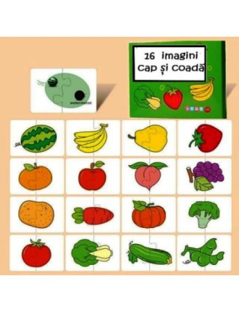 JUCĂRII - Cartonase de asociere din doua piese, 16 imagini, 32 piese, legume si fructe, multicolor, +3 ani