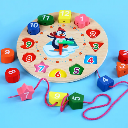 Jucării educative - Ceas Educativ din lemn pentru Copii, Cifre Detasabile, Puzzle si Joc de Snuruit, 3 ani+
