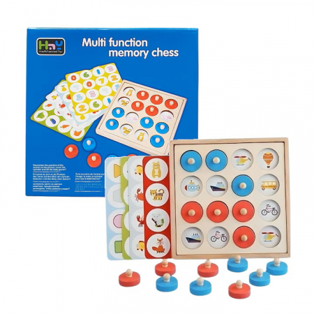 Jucării educative - Joc de memorie din lemn Memory Chess, 5 planse si 16 pioni, + 3 ani
