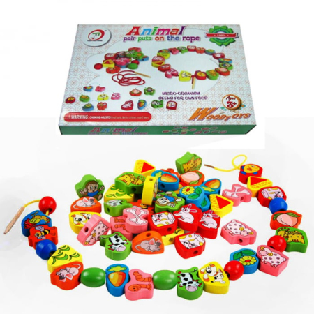 Joc de tip Montessori, 56 margele din lemn, 3 ani, Animale [5]