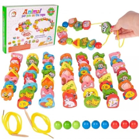 Jucării educative - Joc de tip Montessori, 56 margele din lemn, 3 ani, Animale