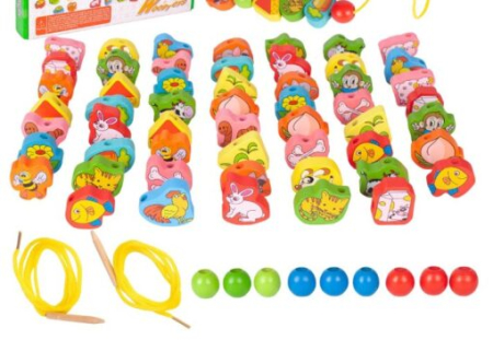 Joc de tip Montessori, 56 margele din lemn, 3 ani, Animale [4]