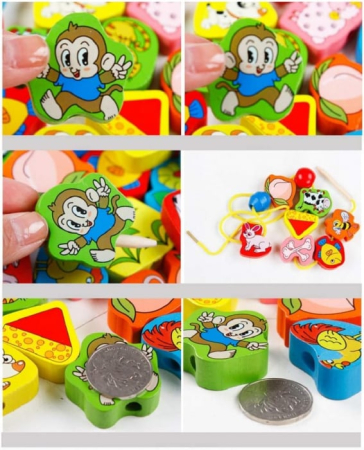 Joc de tip Montessori, 56 margele din lemn, 3 ani, Animale [1]