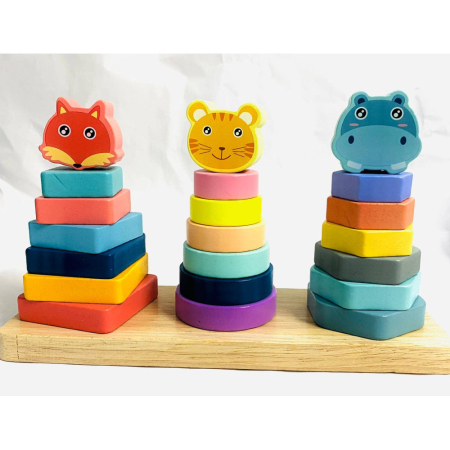 Jucării educative - Jucarie educativa din lemn, Turn de stivuit și sortat cu Animale, Montessori, 3 ani+