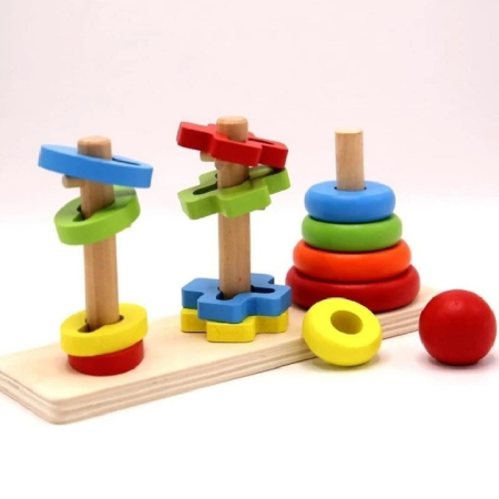 Jucării educative - Jucarie Montessori de stivuire și sortare forme,Turn educativ din lemn Rainbow, 3 ani+