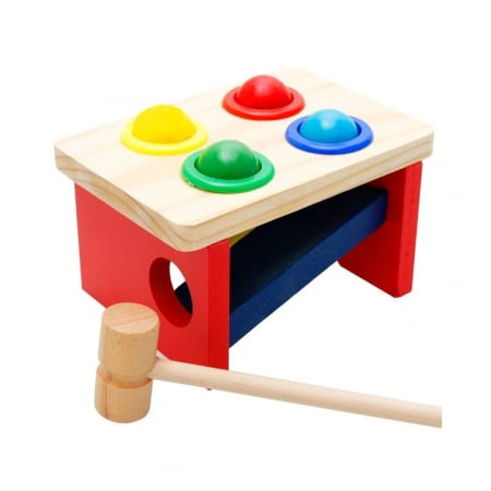 Jucării educative - Jucarie Montessori din lemn cu ciocanel si 4 bile