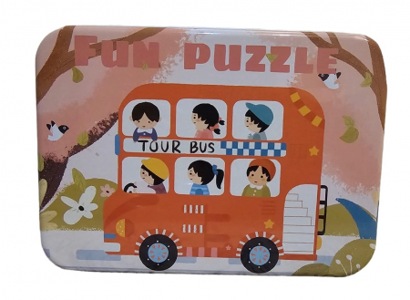 Puzzle - Puzzle din lemn pentru incepatori in cutie din metal, 5 planse puzzle, 31 piese, Masini, + 3 ani