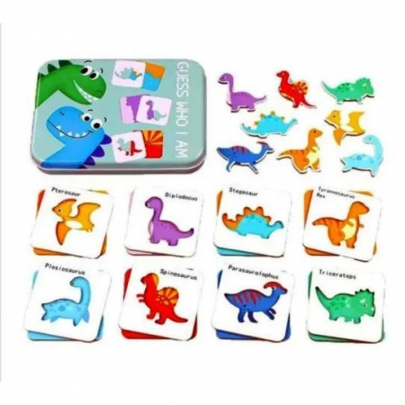 Jucării educative - Puzzle din lemn pentru incepatori in cutie din metal, DINOZAURI, + 3 ani