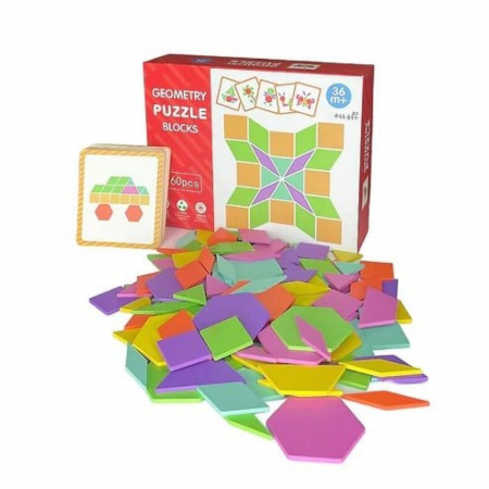 Puzzle - Puzzle din lemn Tangram cu forme geometrice si sabloane, 160 piese, 3 ani+