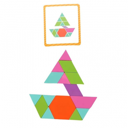 Puzzle din lemn Tangram cu forme geometrice si sabloane, 160 piese, 3 ani+ [2]