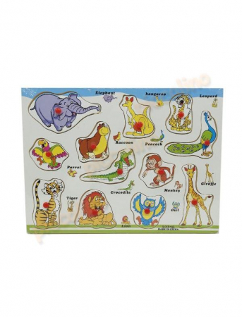 Jucării educative - Puzzle educativ incastru cu animale salbatice, multicolor, lemn, 30 x 22 cm, 12 piese
