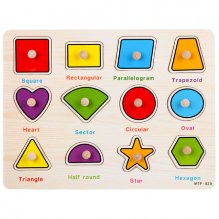 Jucării educative - Puzzle incastru din lemn cu 12 forme diferite, cu butoni, multicolor, 30x22 cm, 3 ani+