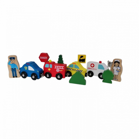 Jucării educative - Set 4 masinute din lemn, semne de circulatie si figurine, 11 piese, multicolor, 3 ani+