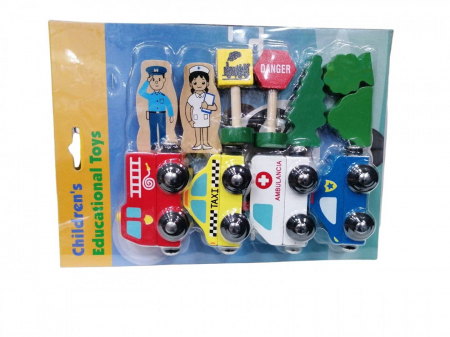 Set 4 masinute din lemn, semne de circulatie si figurine, 11 piese, multicolor, 3 ani+ [2]