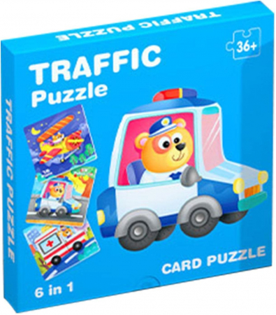 Jucării educative - Set 6 carduri puzzle cu piese mari- Mijloace de transport, 24 piese