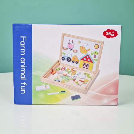 Jucării educative - Tabla magnetica din lemn cu puzzle si desen, Ferma