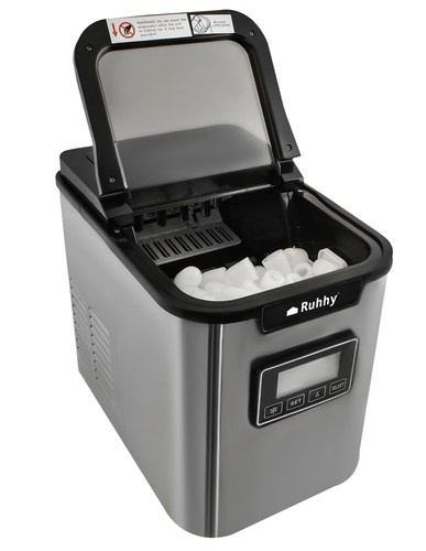 Aparat de gheață 12kg/zi cu 3 dimensiuni cuburi, autocurățare, timer, afișaj LCD și notificări sonore. Ideal pentru casă sau birou, design compact și inox. [12]