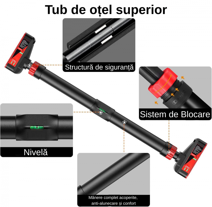 Bara Reglabila de Antrenament, tractiuni, ajustabila din otel inoxidabil, distanta de instalare 90-115 cm, cu indicator nivel, antiderapant, Rezistenta sporita, Usor de montat [5]