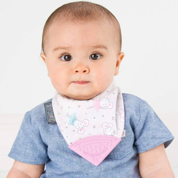 Bavetica Cheeky Chompers din bumbac 3 in 1, esarfa, cu colt de dentitie, impermeabila, usor de curatat, reglabila, utilizare pe ambele parti, roz [2]