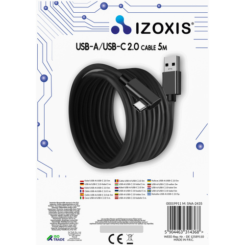 Cablul USB-A / USB-C 2.0,  Viteză de transfer de date: 480 Mbps, Mufa de 90°, 5m, Negru [7]