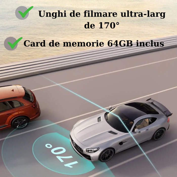 Camera Auto de bord ultracompacta, martor cheie, FULL HD 4K, 2160P, 30fps, Inregistrare in bucla, Vedere nocturna, G-Sensor, Instructiuni vocale, Unghi filmare ultra larg 170°, cu card 64 GB inclus [7]