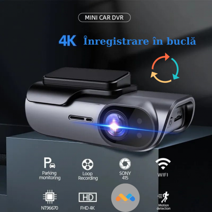 Camera Auto de bord ultracompacta, martor cheie, FULL HD 4K, 2160P, 30fps, Inregistrare in bucla, Vedere nocturna, G-Sensor, Instructiuni vocale, Unghi filmare ultra larg 170°, cu card 64 GB inclus [5]
