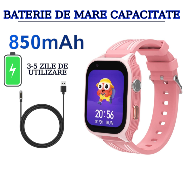 Ceas smartwatch pentru copii, slot cartela SIM, 4G, cu GPS, buton SOS, apelare video, localizare precisa GPS, ecran mare 1.83", monitorizare spion, compatibil IOS, Android, +  curea textila, roz [5]