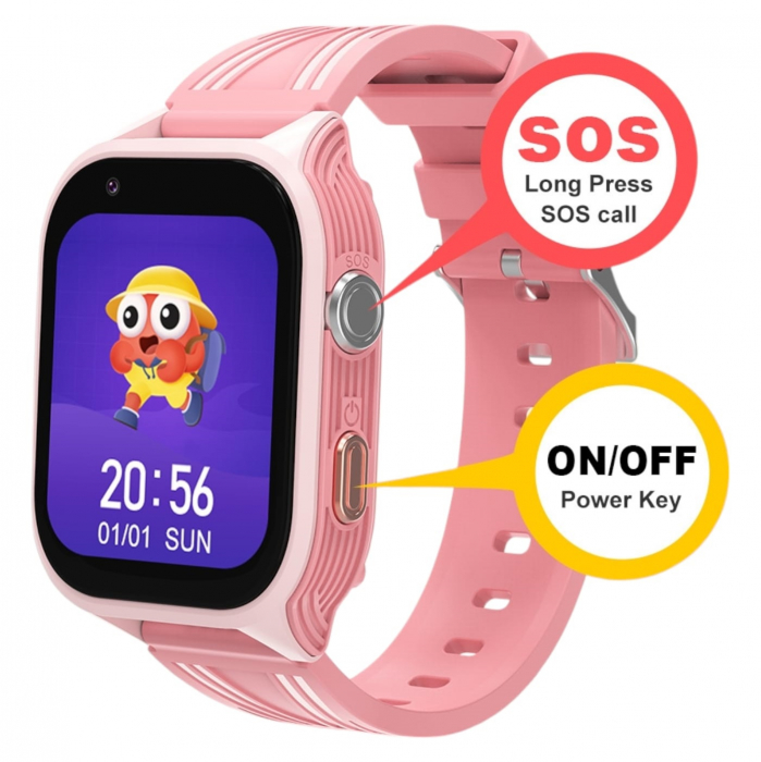 Ceas smartwatch pentru copii, slot cartela SIM, 4G, cu GPS, buton SOS, apelare video, localizare precisa GPS, ecran mare 1.83", monitorizare spion, compatibil IOS, Android, +  curea textila, roz [6]