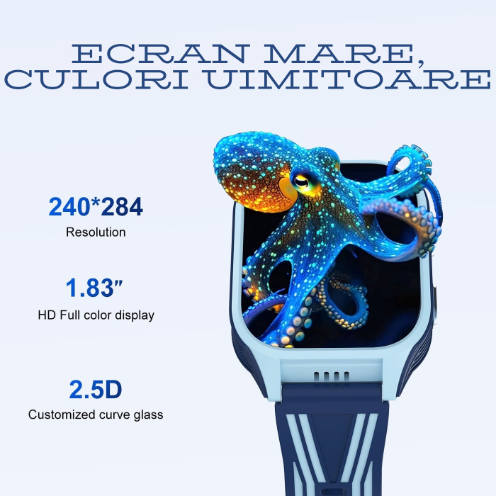 Ceas smartwatch pentru copii, slot cartela SIM, 4G, cu GPS, buton SOS, apelare video, localizare precisa GPS, ecran mare 1.83", monitorizare spion, compatibil IOS, Android, +  curea textila, roz [3]