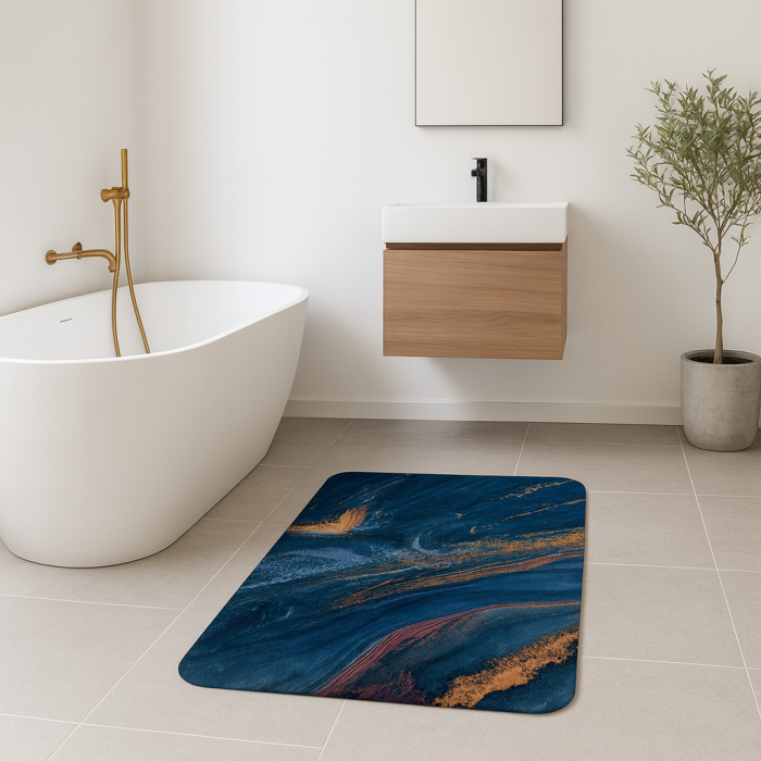 Covoras de baie antiderapant, super absorbant, uscare rapida, spuma poliuretanica + microfibra, model modern, albastru, 80×50 cm [4]