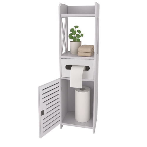Dulăpior de Baie cu Suport Hârtie Igienică, Tip Coloană, Încuietoare cu Cheie, Uși Decorative, Alb, Design Ultra Compact [2]
