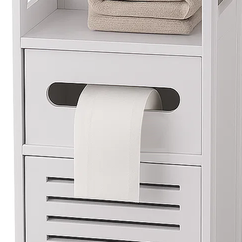 Dulăpior de Baie cu Suport Hârtie Igienică, Tip Coloană, Încuietoare cu Cheie, Uși Decorative, Alb, Design Ultra Compact [4]