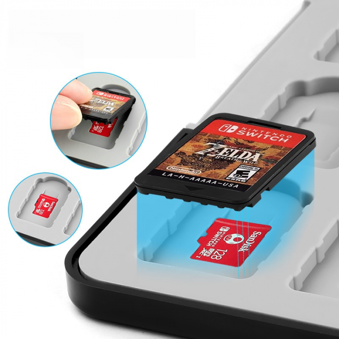 Husa Carduri Consola Gaming, 64 Compartimente, Compatibila cu Nintendo Switch / OLED si TF Card, Cutie Depozitare din Silicon cu Inchidere Magnetica, Negru [2]