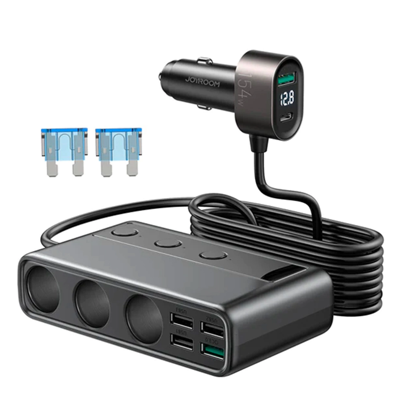Incarcator auto Joyroom , 5 Porturi USB si 1 Port USB-C, Afisaj LED, 154W, Quick Charge 3.0, Lungime cablu 1m, Negru [4]