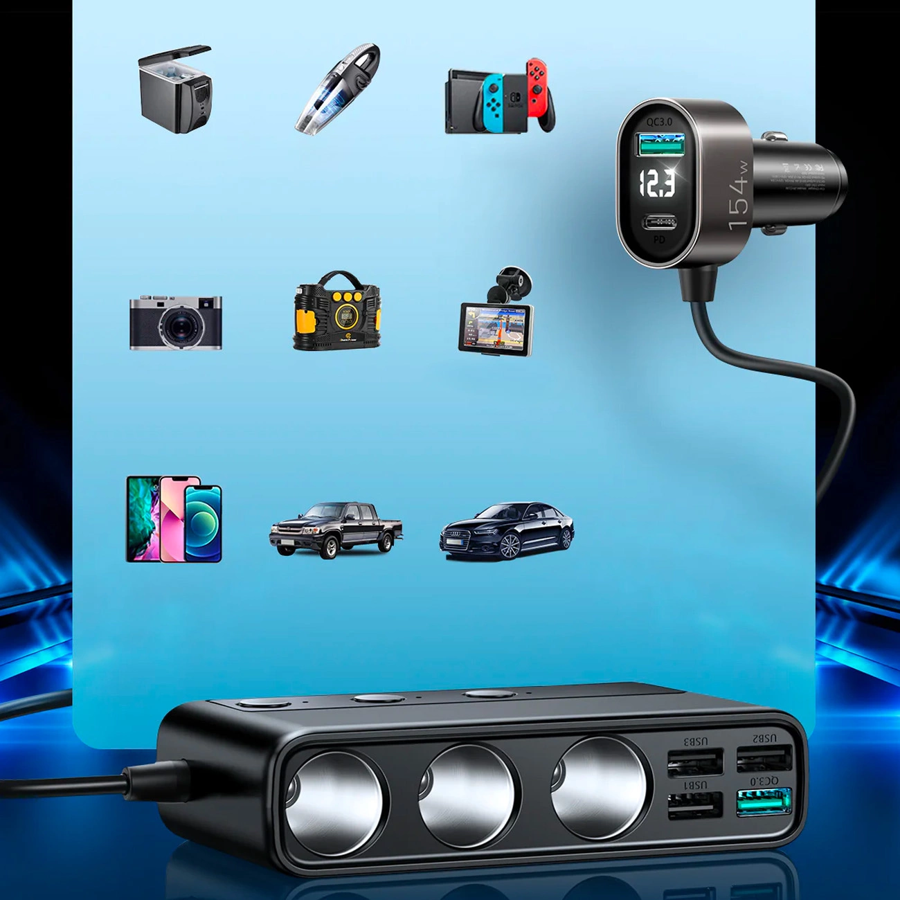 Incarcator auto Joyroom , 5 Porturi USB si 1 Port USB-C, Afisaj LED, 154W, Quick Charge 3.0, Lungime cablu 1m, Negru [6]