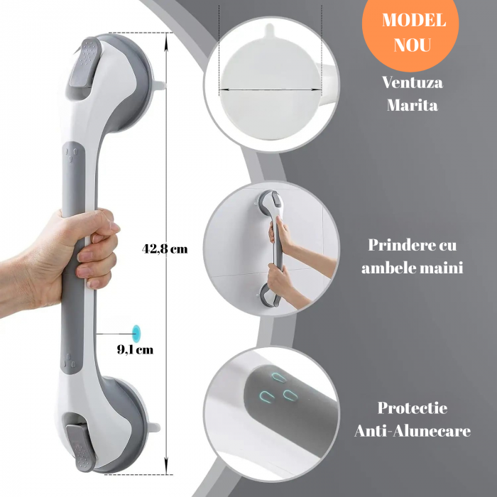 Maner de Siguranta cu Ventuze pentru Baie si Casa, Blue, Mare 43 cm, Prindere Vacuum, Anti-Alunecare, Eliberare Rapida, Anticoroziv, Instalare Usoara, Suport pentru Varstnici, Copii si Femei Insarcina [3]
