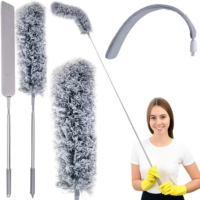 Perie, Pamatuf Telescopic 2 in 1 cu 2 Capete Interschimbabile, Extensibila 84–250 cm, Microfibra, pentru Prafu si Panze de Paianjen, Gri/Argintiu [1]