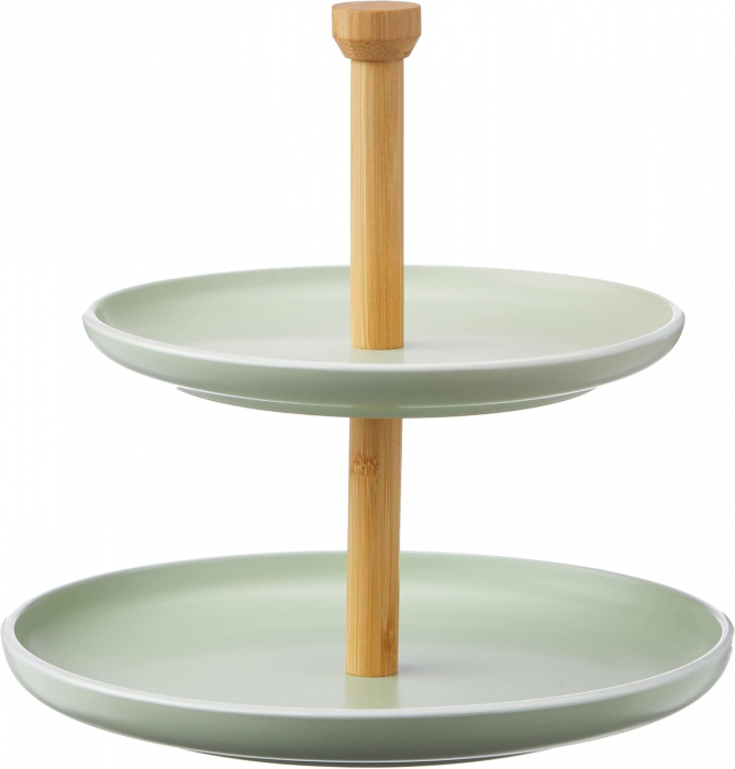 Platou etajat ceramica si bambus pe 2 niveluri, etajera pentru bomboane, prajituri, fructe, green, 24 cm inaltime, diametru 20/25 cm [2]