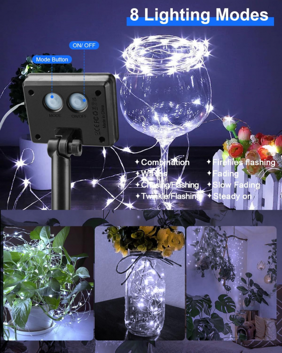 Set 2 Lampi Solare pentru Gradina, 2x120 LED, Rezistente la Apa, 2x20M Ghirlanda Luminoasa Solara cu 8 Modele, Ideala pentru Gradina, Terasa, Petreceri, Nunta, Craciun, Alb [5]