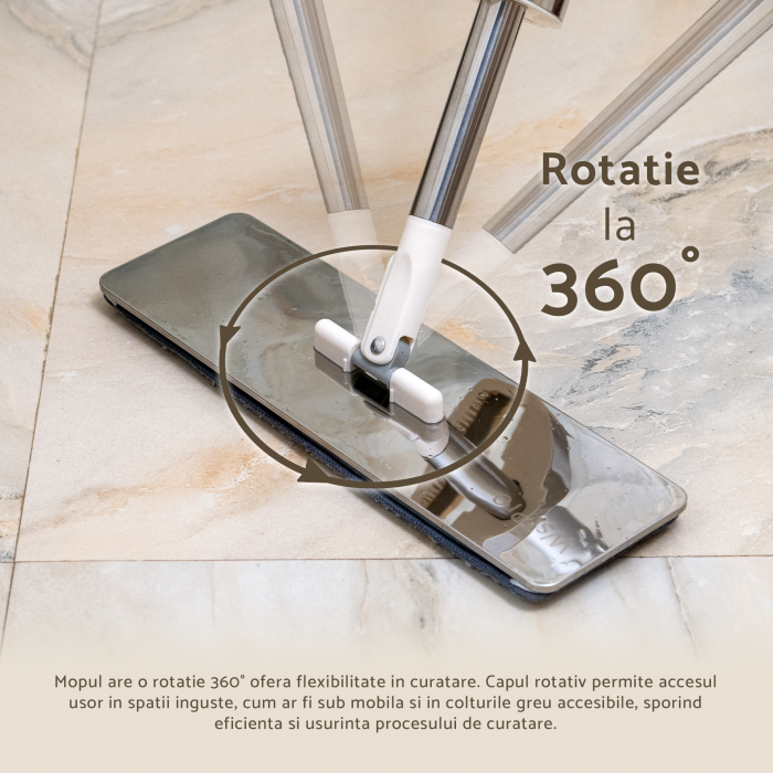 Set mop plat profesional din otel inoxidabil, 36 cm, cu sistem de stoarcere si galeata pliabila, rezerva microfibra [6]