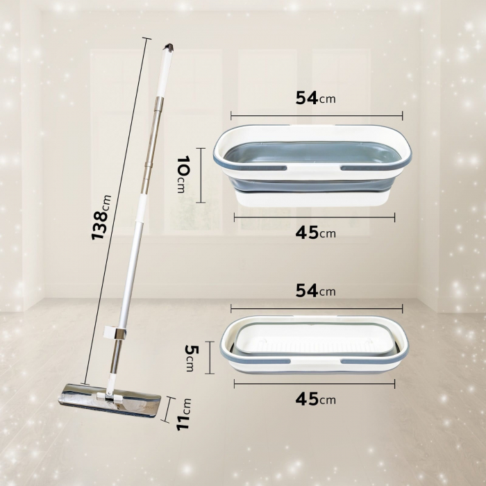 Set mop plat profesional din otel inoxidabil, 36 cm, cu sistem de stoarcere si galeata pliabila, rezerva microfibra [9]