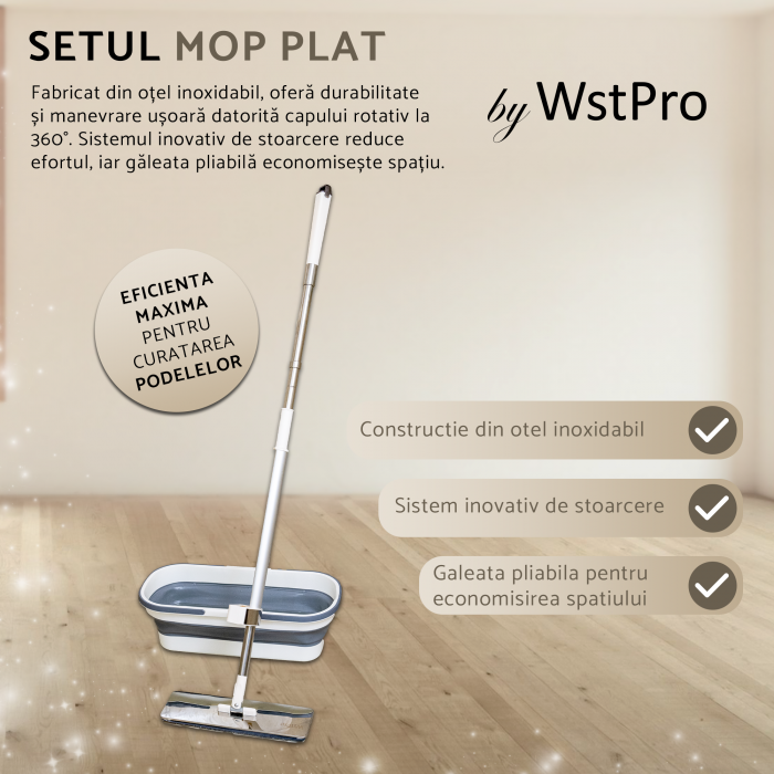 Set mop plat profesional din otel inoxidabil, 36 cm, cu sistem de stoarcere si galeata pliabila, rezerva microfibra [2]