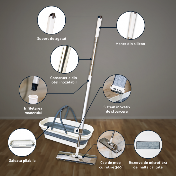 Set mop plat profesional din otel inoxidabil, 36 cm, cu sistem de stoarcere si galeata pliabila, rezerva microfibra [3]