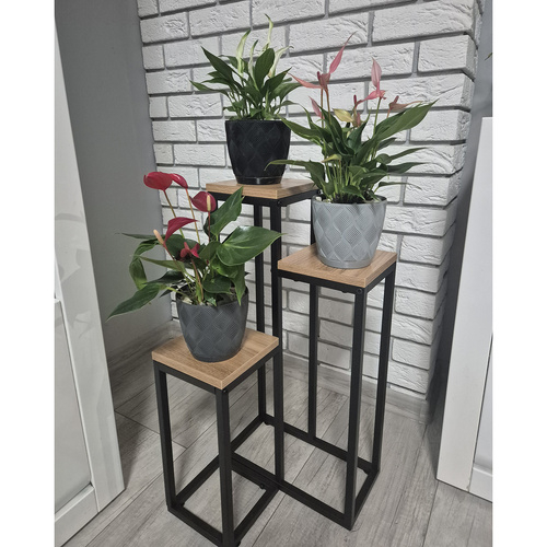 Etajera Suport de Flori Vertical 3 Niveluri – 67 cm, Stil Loft, Metalic Negru + Rafturi MDF [3]