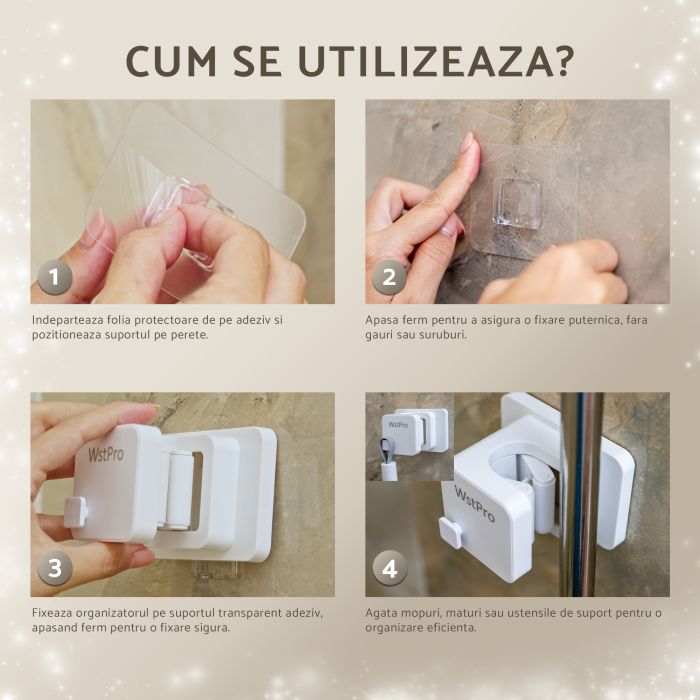 Suport organizator multifunctional WstPro de perete pentru mop, matura, para dus, ustensile bucatarie, instalare usoara fara a gauri peretele [8]