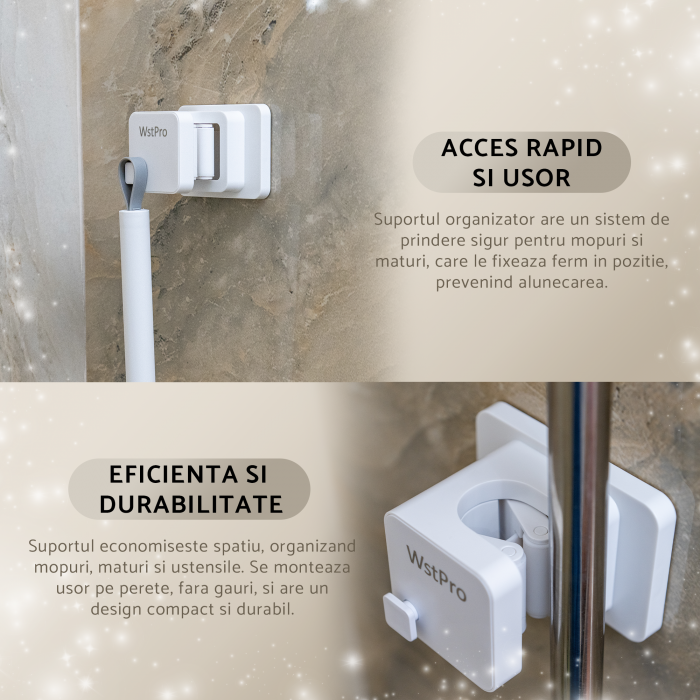 Suport organizator multifunctional WstPro de perete pentru mop, matura, para dus, ustensile bucatarie, instalare usoara fara a gauri peretele [7]